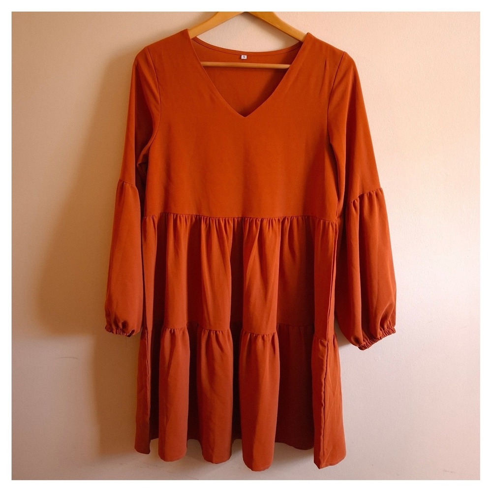 Boho Cottagecore Whimsigoth Tiered Dress Balloon Sleeves Rust Orange Midi Sz S